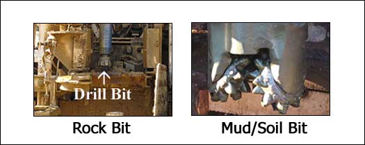 Drill bit for drilling through soil.  It’s shaped to quickly cut through softer soil and clay.  Drill bit for drilling through rock. This one is more like a drill that can slowly grind away the rock.